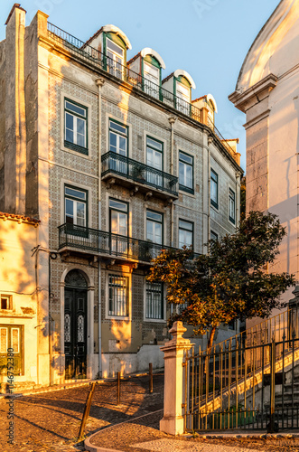 The narrow alleys of the Alfama neighborhood in Lisbon early in the morning