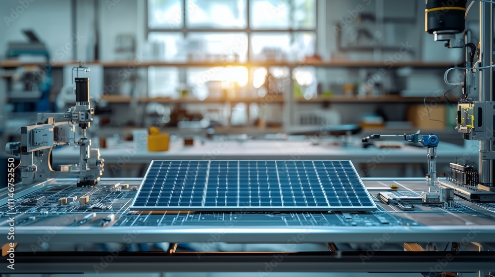 Modern Solar Panel Technology Manufacturing Workshop with Advanced Robotic Equipment and Bright Natural Light Streaming Through a Large Window