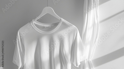 A simple, white t-shirt hanging on a hanger against a clean background. Soft light casts gentle shadows creating a serene aesthetic. photo