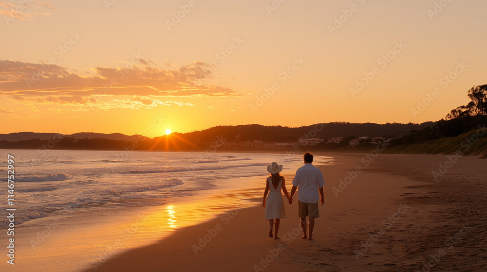 A young couple walking hand in hand on a beach during sunset. A young couple walking hand in hand on a beach during sunset.