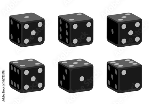 Black dice with white dots. Vector set isolated on white background. 3d dice.