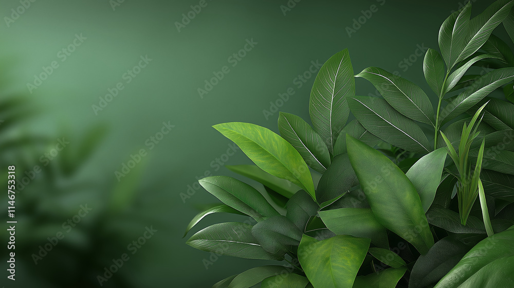 Fototapeta premium A close-up view of vibrant green tropical leaves with a blurred background, showcasing the beauty of nature's textures and organic patterns.
