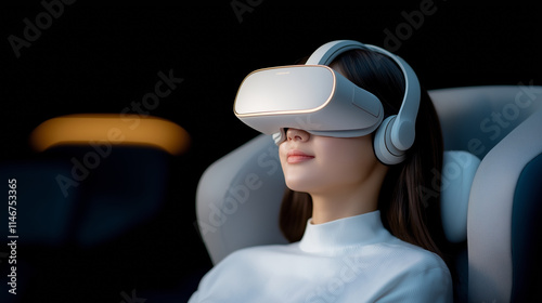 A woman wearing a sleek virtual reality headset, immersed in a futuristic experience, blending innovation and technology for immersive entertainment. photo