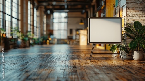 Cozy and Inviting Indoor Space with Modern Decor and Empty Sign Board Ready for Customization in Bright Natural Light