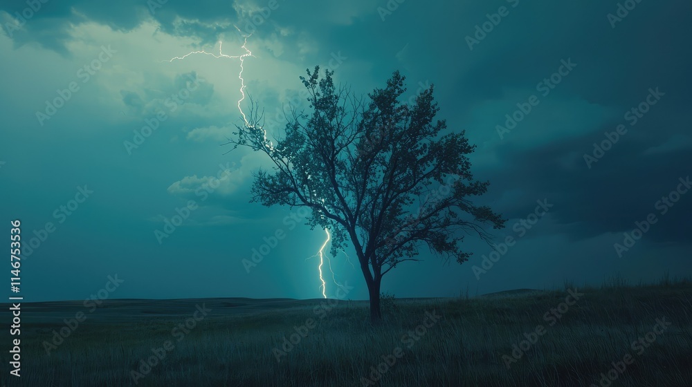 Obraz premium Dramatic Lightning Strike Illuminating a Solitary Tree Against a Stormy Sky in a Remote Landscape at Dusk