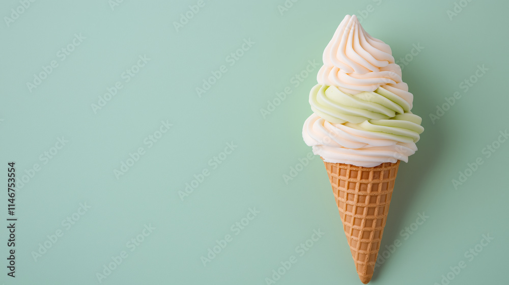 A pastel-colored ice cream cone with creamy swirls, offering a minimalistic and refreshing summer vibe against a soft mint background. A pastel-colored ice cream cone with creamy swirls, offering a minimalistic and refreshing summer vibe against a soft mint background.