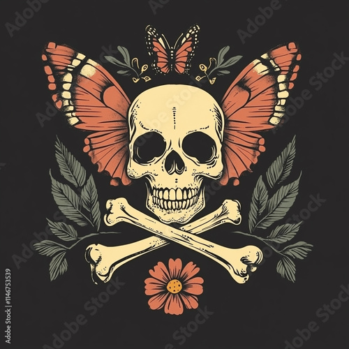 Skull and Butterfly Arm tattoo flash illustration