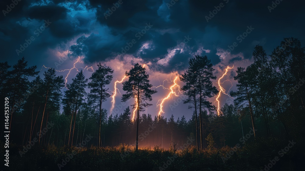 Dramatic Thunderstorm Over Pine Forest with Striking Lightning Illuminating the Dark Sky and Trees Underneath a Cloudy Atmosphere at Dusk Dramatic Thunderstorm Over Pine Forest with Striking Lightning Illuminating the Dark Sky and Trees Underneath a Cloudy Atmosphere at Dusk