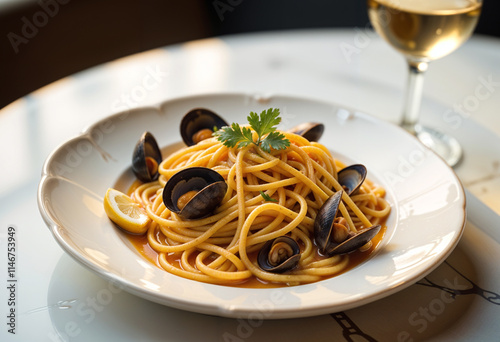 splendid linguine dish with mussels and clams and tomato photo