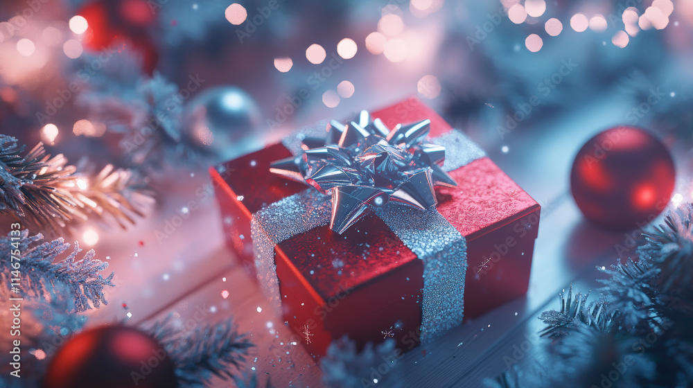 Radiant Red Metallic Gift Box with Silver Bow for Christmas Radiant Red Metallic Gift Box with Silver Bow for Christmas