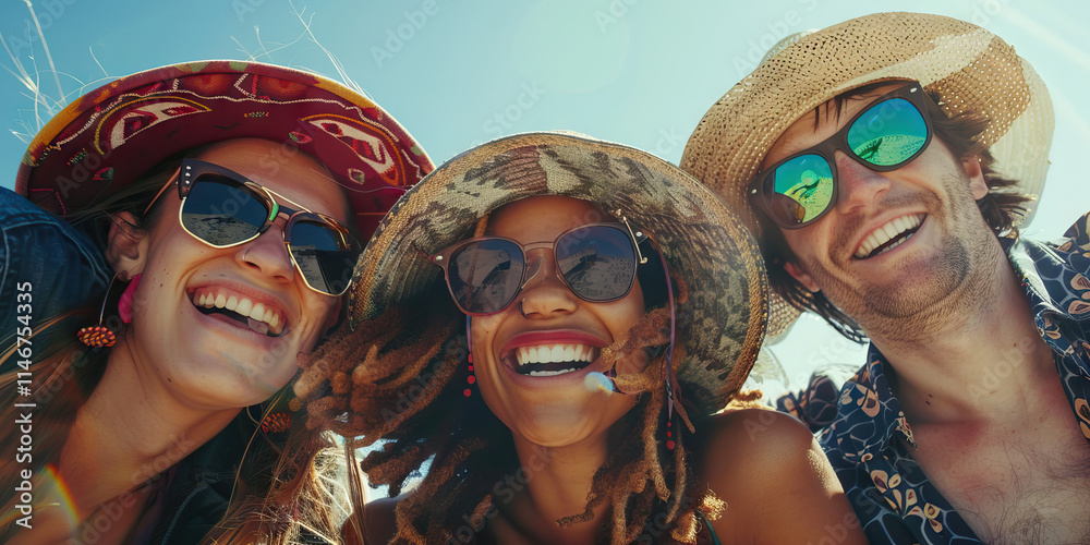 Three Individuals Wearing Hats and Sunglasses Outdoors Three Individuals Wearing Hats and Sunglasses Outdoors