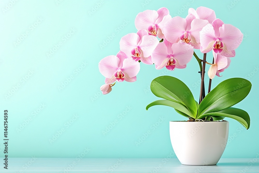 Pink Orchid in a White Pot Against a Mint Green Background Pink Orchid in a White Pot Against a Mint Green Background