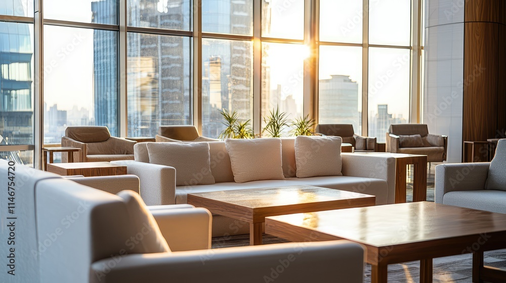Modern Urban Lounge with Stylish Furniture Bathed in Natural Light Overlooking City Skyline at Sunset, Perfect for Relaxation or Business Meetings Modern Urban Lounge with Stylish Furniture Bathed in Natural Light Overlooking City Skyline at Sunset, Perfect for Relaxation or Business Meetings