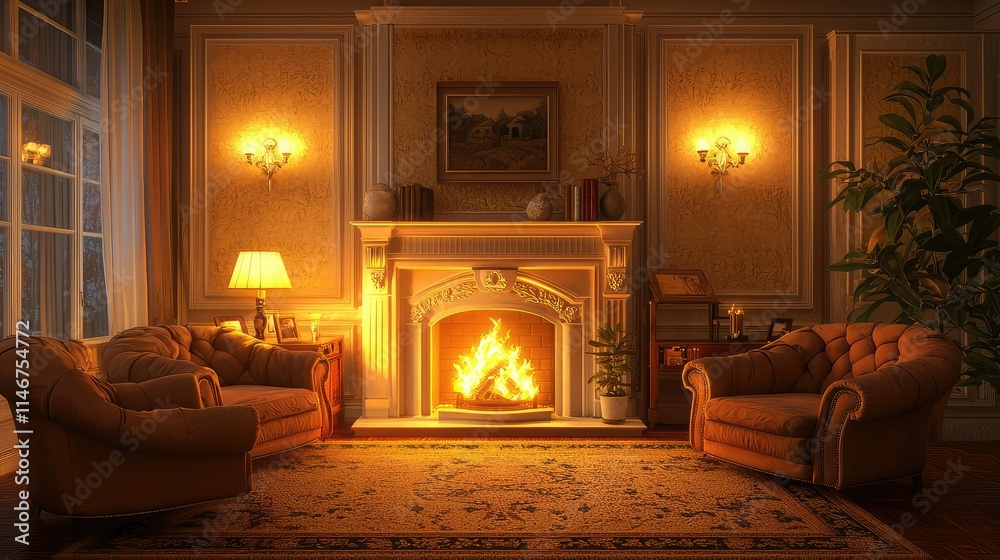 Cozy Living Room with Warm Fireplace Illuminating Elegant Furniture and Decorative Elements, Inviting Atmosphere for Relaxation or Gatherings in Modern Home Cozy Living Room with Warm Fireplace Illuminating Elegant Furniture and Decorative Elements, Inviting Atmosphere for Relaxation or Gatherings in Modern Home