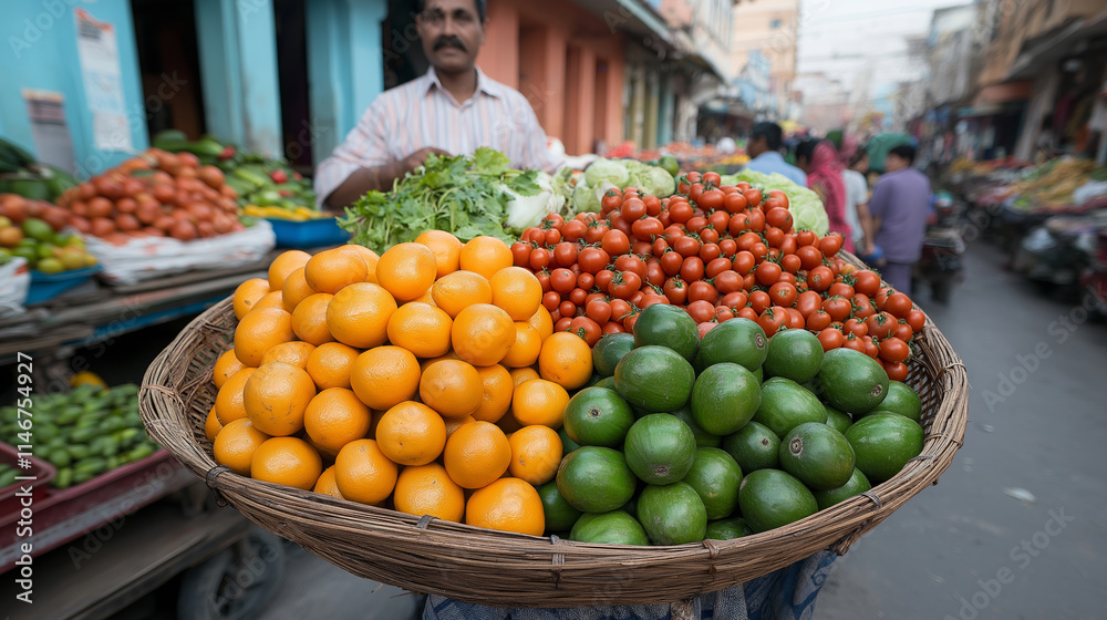 A vibrant display of fresh fruits and vegetables at a bustling traditional market, showcasing local produce and lively street culture. A vibrant display of fresh fruits and vegetables at a bustling traditional market, showcasing local produce and lively street culture.