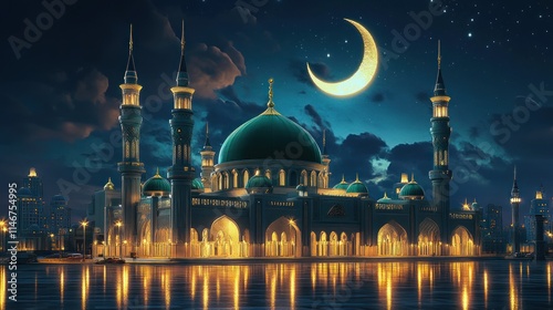 Wallpaper Mural Night scene of a majestic mosque with crescent moon. Torontodigital.ca