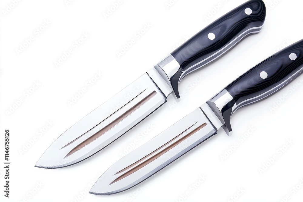 Fototapeta premium Two sleek kitchen knives with polished blades and ergonomic black handles, ideal for precision cutting and culinary tasks.