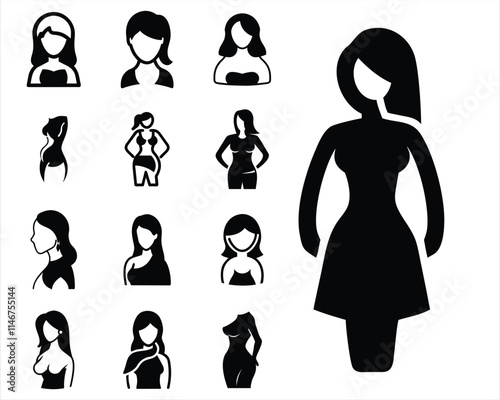 Depicting Diverse Female Figures and Feminine Forms. Collection of Stylized Female Silhouettes in Various Poses and Profiles, female femine, female feminine tattoo ideas.