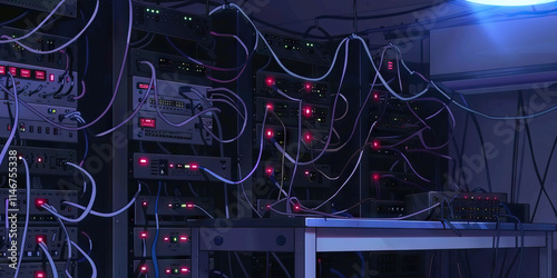 Anime-Style Server Room with Interconnected Racks and Cables