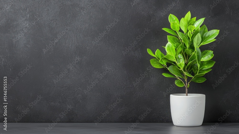 Small green plant in white pot against dark background. Small green plant in white pot against dark background.