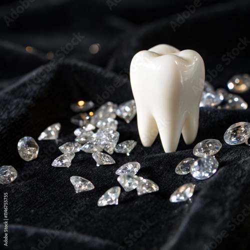 A white tooth surrounded by diamonds on a dark background
