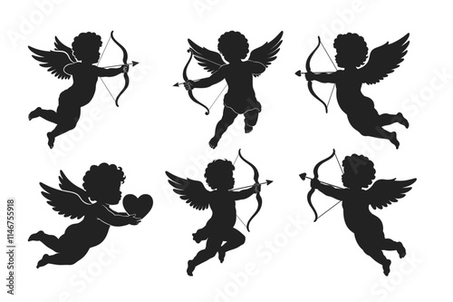 Black silhouette of a cupids. Valentines day clipart. Vector illustration.