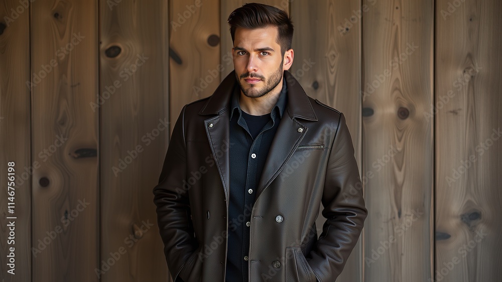Man in black leather jacket against wood panel backdrop. Man in black leather jacket against wood panel backdrop.