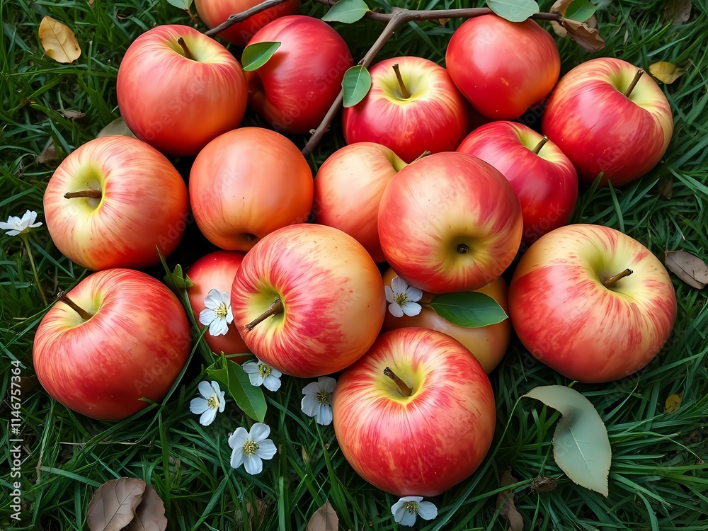 The freshly picked apples with blossoms and leaves on the grass, serene backgrounds The freshly picked apples with blossoms and leaves on the grass, serene backgrounds