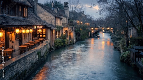 charming canal-side restaurant in historic european town at dusk