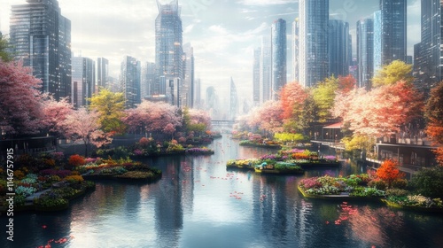 serene cityscape canal with blossoming trees and modern architec photo