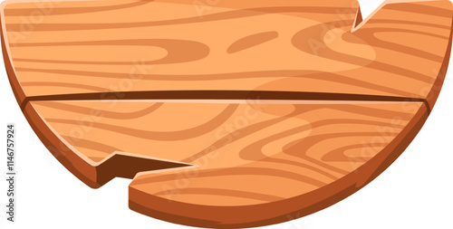 Cartoon style broken wooden sign featuring an empty space for text, pointing right. Displaying visible wood grain and cracks, isolated against a clean white background