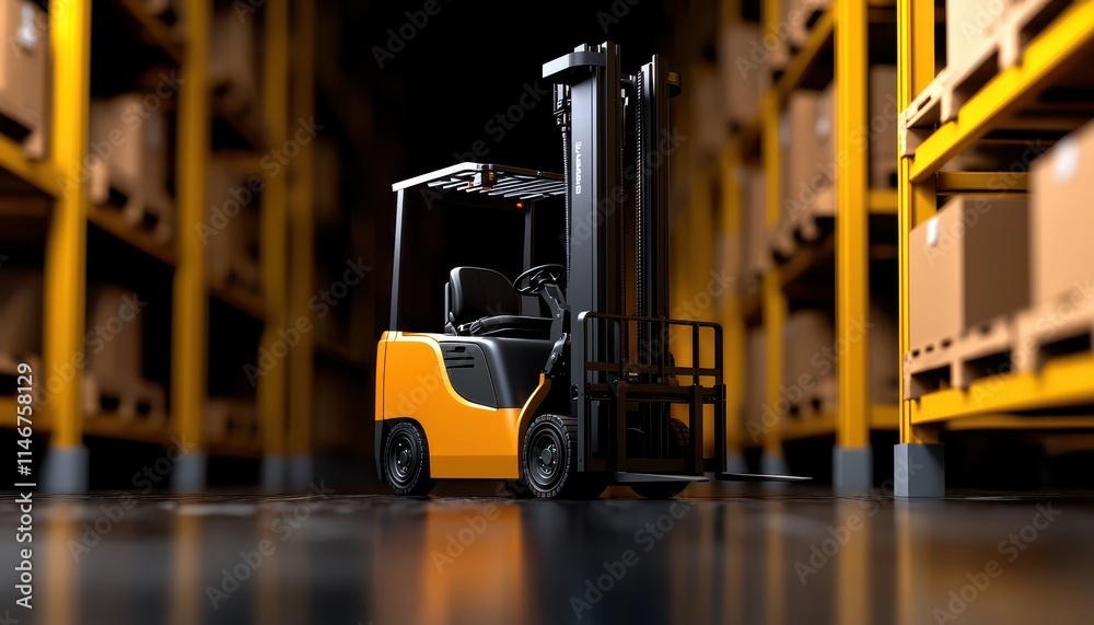 A high-quality image of a forklift in a warehouse with stacked boxes. A high-quality image of a forklift in a warehouse with stacked boxes.