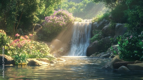 serene waterfall in lush tropical paradise tranquil nature scene