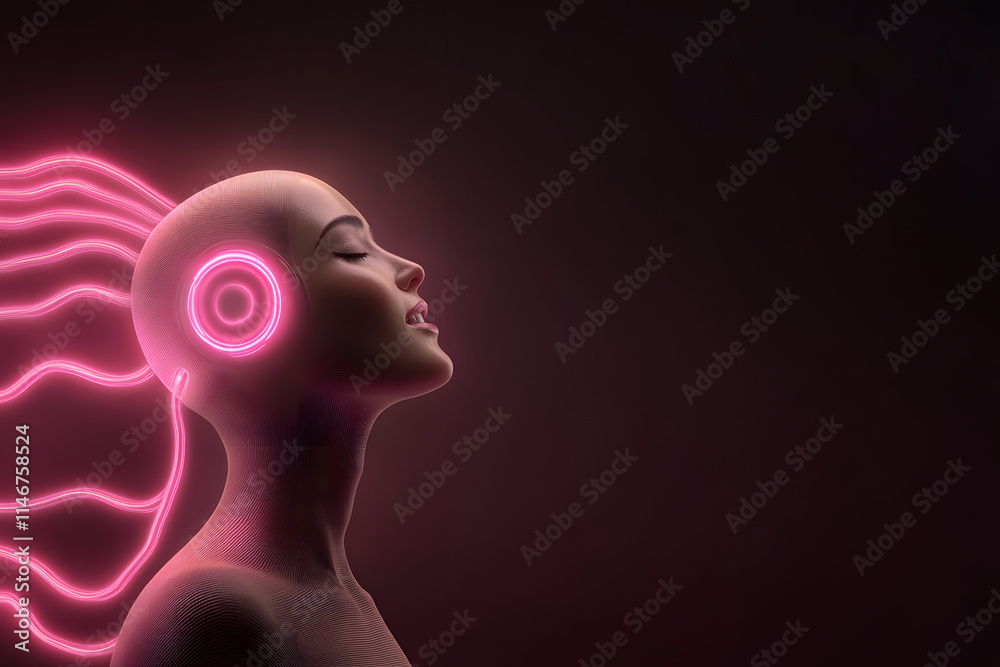 Obraz premium futuristic robot with glowing headphones enjoys music, radiating serenity