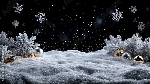 Winter snowscape with floating snowflakes and gold ornaments against a dark backdrop. AI Generated