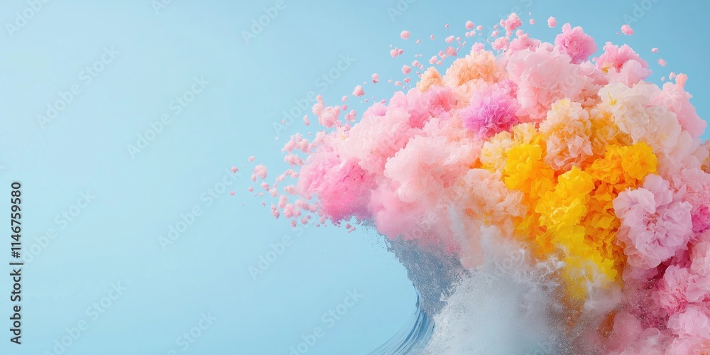 Naklejka premium A colorful explosion of pink, yellow, and orange clouds. The image is a vibrant and dynamic representation of a colorful explosion