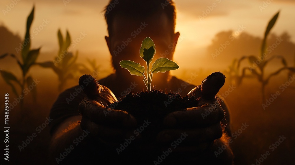 Farmer holding a young sprout at sunrise. Farmer holding a young sprout at sunrise.