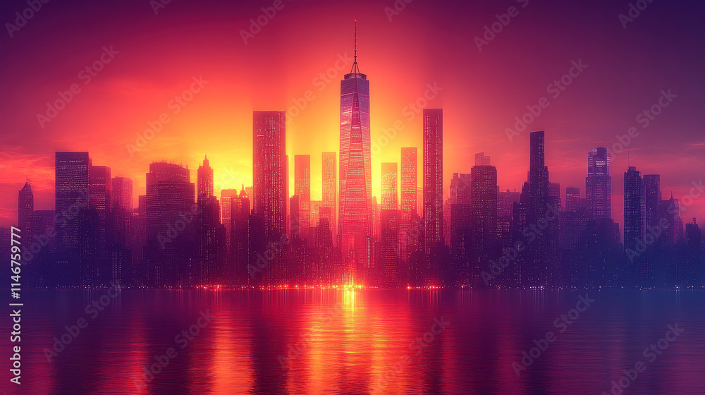 Fototapeta premium Vibrant sunset over a modern city skyline reflected in water.