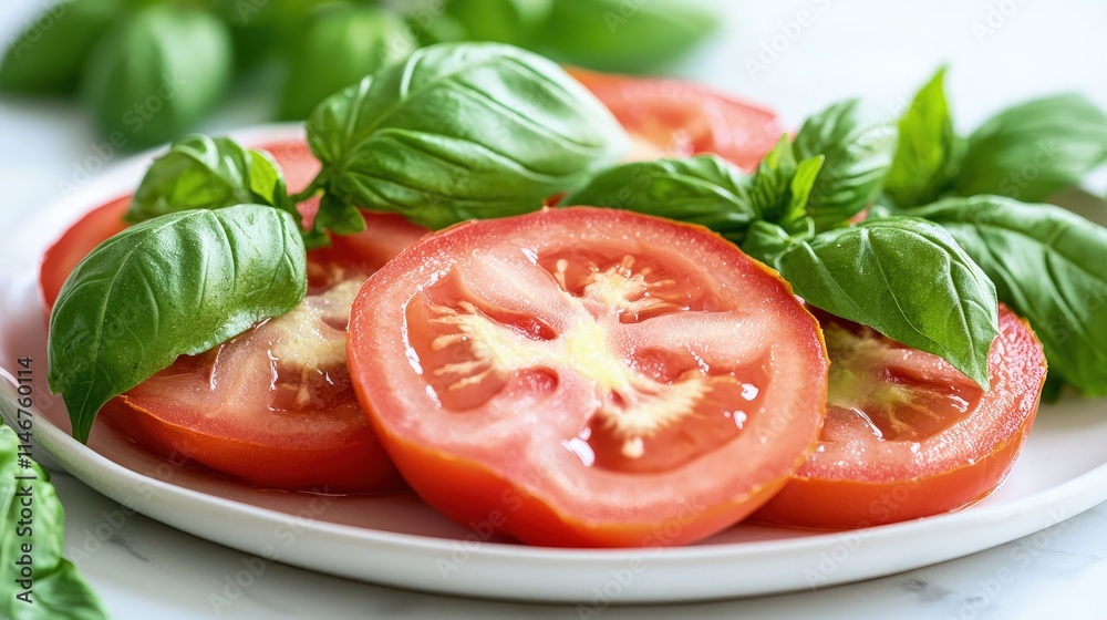 Juicy tomato slices with fresh basil leaves on a plate. Juicy tomato slices with fresh basil leaves on a plate.