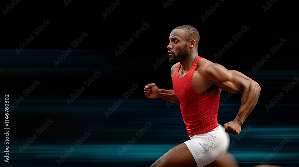 Concept of action and power in sports. Athlete sprinting with dynamic movement against a dark background. Concept of action and power in sports. Athlete sprinting with dynamic movement against a dark background.