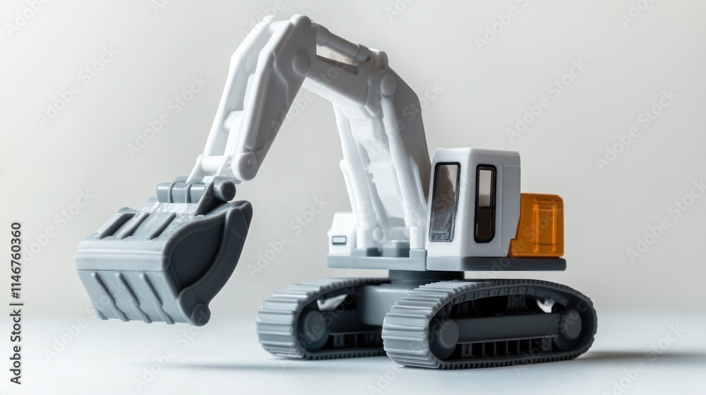 Fototapeta premium White toy excavator on white background.