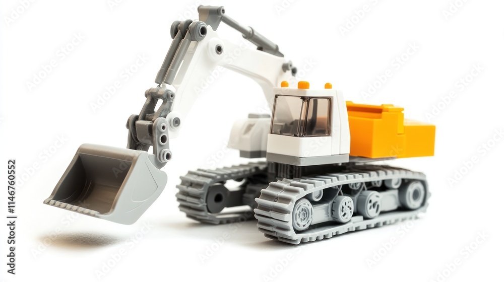 Fototapeta premium White and orange toy excavator on white background.