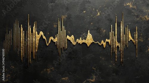 Abstract representation of sound waves in gold against a textured black background, conveying themes of music, creativity, and artistic expression, ideal for modern artwork. photo