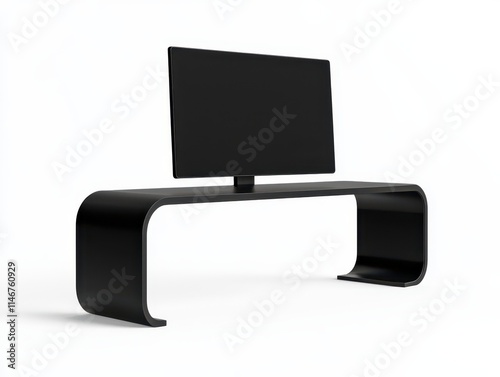 A sleek, modern black TV stand supporting a flat-screen television, showcasing minimalist design and elegance in a contemporary setting. photo