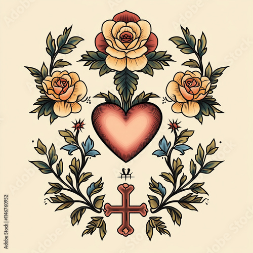 Sacred Heart Christianity tattoo flash illustration