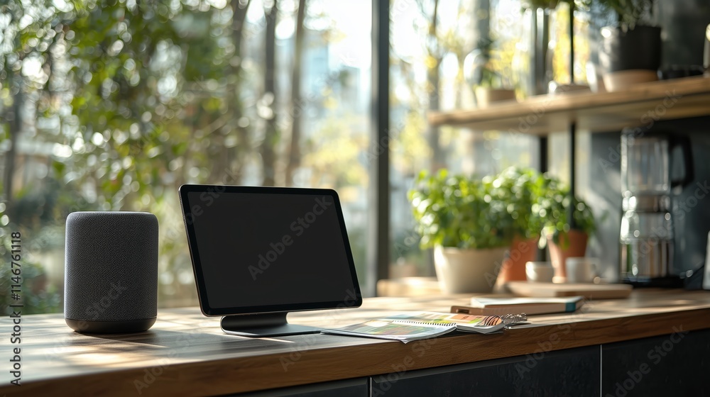 Modern Home Office Setup with Tablet, Smart Speaker, and Indoor Plants by Large Windows, Creating a Bright and Inviting Workspace Aesthetic Modern Home Office Setup with Tablet, Smart Speaker, and Indoor Plants by Large Windows, Creating a Bright and Inviting Workspace Aesthetic