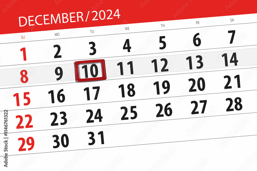 Fototapeta premium Calendar 2024, deadline, day, month, page, organizer, date, December, tuesday, number 10