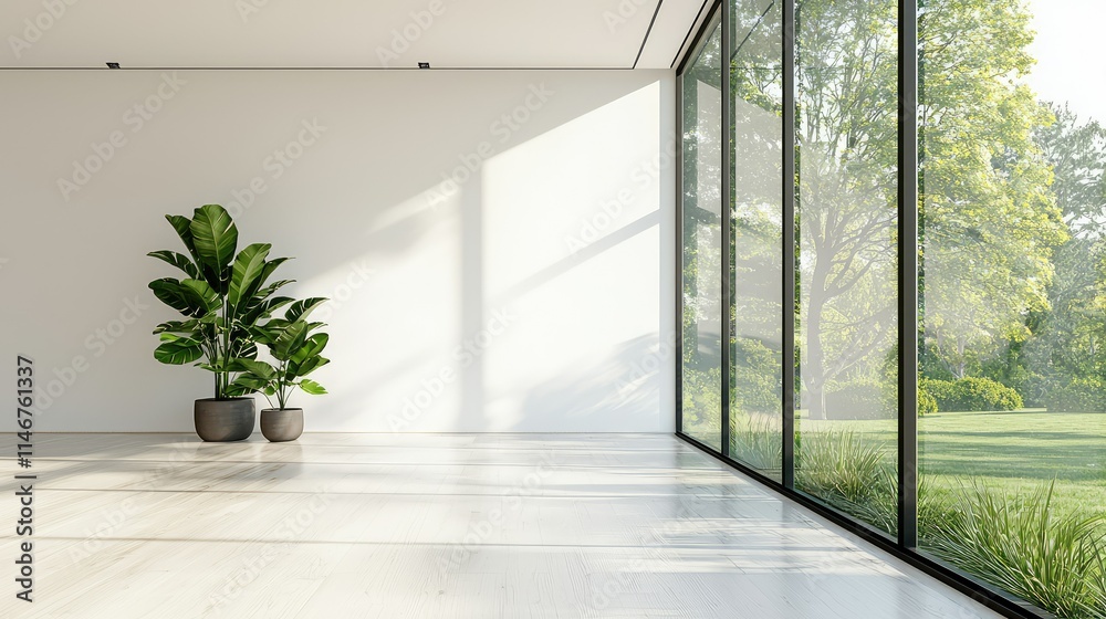 Fototapeta premium Bright and Spacious Interior with Large Windows Showcasing Natural Light and Greenery, Ideal for Modern Living Spaces and Minimalist Decor