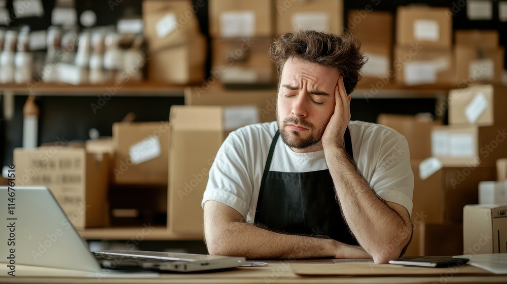 Obraz premium Tired worker at desk with computer in warehouse