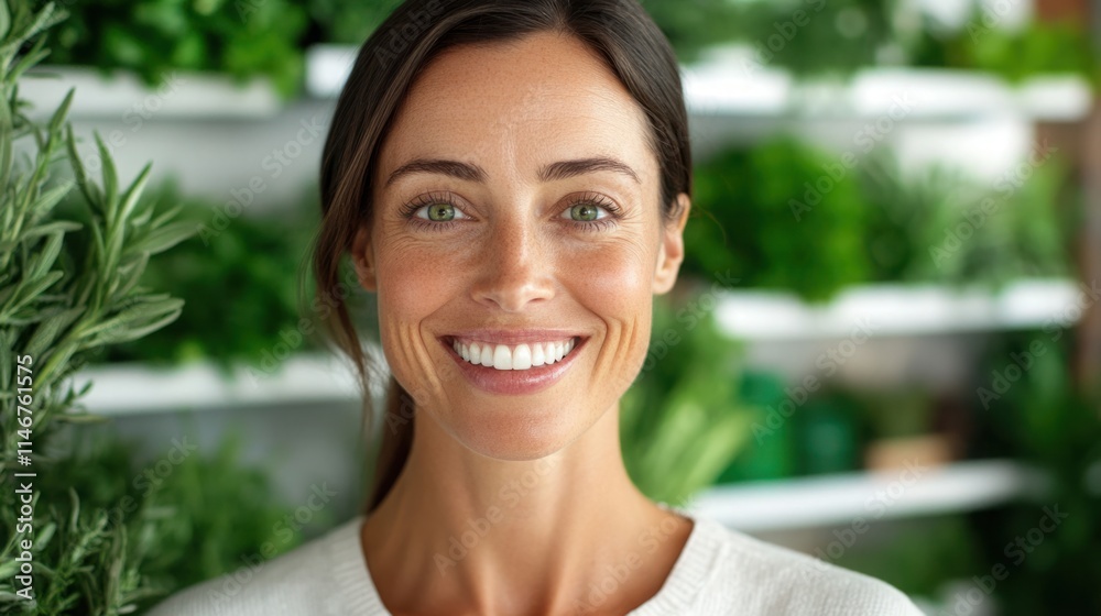Happy woman smiling warmly in a bright, green indoor garden filled with lush plants and fresh greenery, showcasing joy and a love for nature in modern decor.